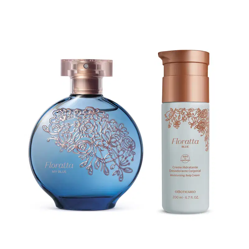 A imagem mostra dois produtos da marca Floratta do Boticário: desodorante colônia Floratta My Blue de 75ml e creme hidratante desodorante corporal de 200ml.