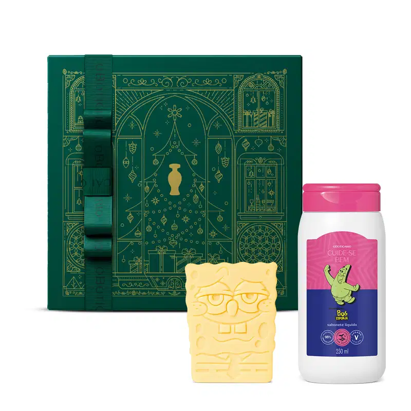 Dois itens de corpo e banho da linha Cuide-se Bem Bob Esponja, sendo sabonete em barra amarelo com formato do personagem e um  frasco branco com rótulo rosa e azul de sabonete líquido com personagem Patrick estampado.