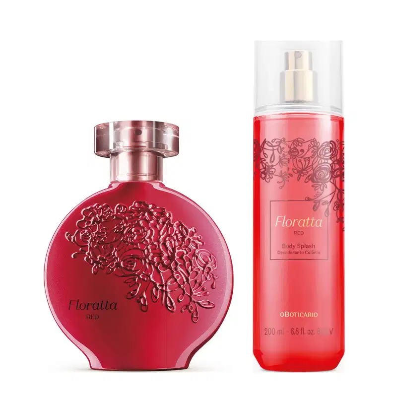Dois frascos de item de perfumaria da marca Floratta Red, sendo um de vidro arredondado na cor vermelha, com design floral em relevo, e outro de plástico cilíndrico transparente, com um líquido vermelho dentro, com ilustrações florais e nome no rótulo.