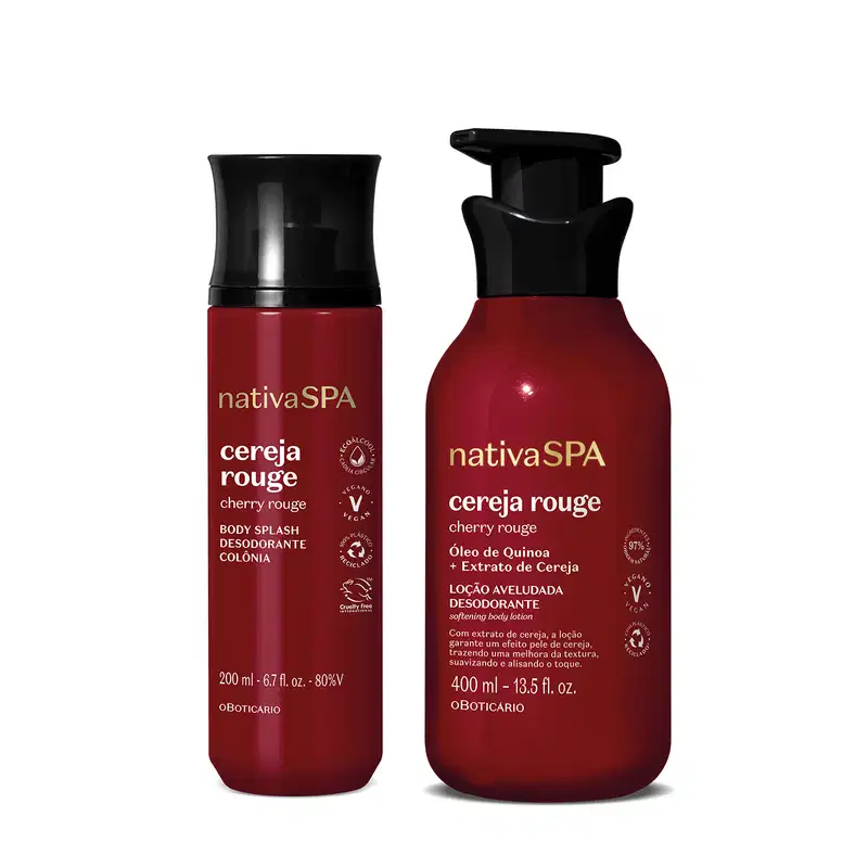 A imagem mostra dois produtos da linha Nativa SPA Cereja Rouge do Boticário: loção aveludada desodorante corporal de 400ml e body splash desodorante de 200ml.