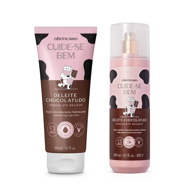 Dois produtos Cuide-se Bem Deleite Chocolatudo, sendo uma bisnaga de loção desodorante hidratante e frasco cilíndrico spray de body splash, ambos com rótulo rosa e marrom com estampa de vaquinha e personagem de vaca segurando um chocolate.