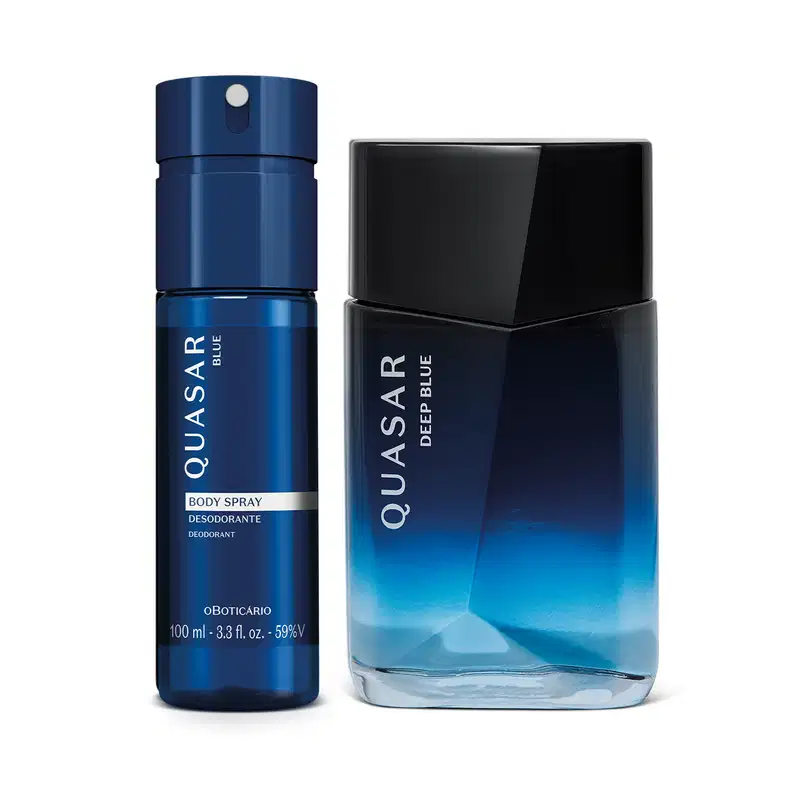 Conjunto Quasar contendo frasco de vidro com design angulado em degradê do azul claro para o escuro de Desodorante Colonia Deep Blue e frasco de body spray na cor azul com tampa borrifadora da mesma cor.