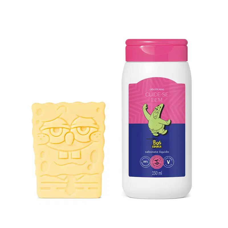 Combo da linha Cuide-se Bem Bob Esponja contendo um frasco plástico branco com tampa rosa e rótulo bicolor de azul e rosa com ilustração de personagem Patrick, acompanhado de sabonete em barra amarelo com relevo do Bob Esponja.