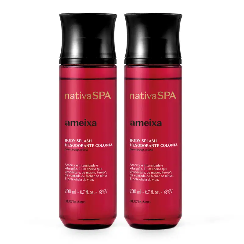 Dois frascos de body splash da marca Nativa SPA Ameixa, ambos em plástico cilíndrico vermelho com texto gravado em dourado e branco e tampa preta.