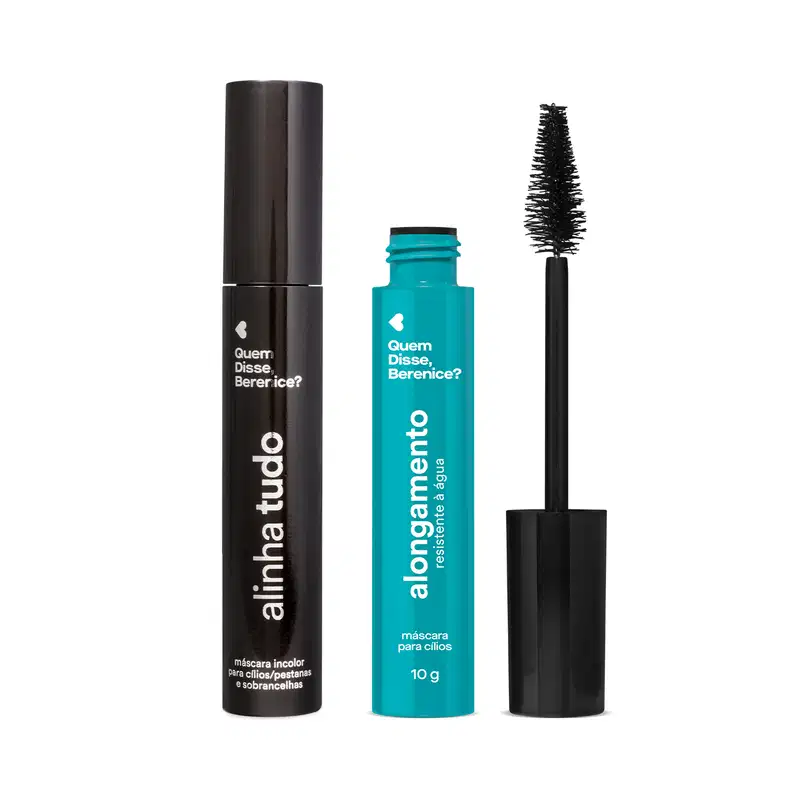 Combo de produtos de maquiagem da marca Quem Disse, Berenice?, incluindo um tubo preto de máscara de cílios e sobrancelhas e um frasco de máscara de cílios azul aberto com seu pincel aplicador ao lado dele, exibindo cerdas cônicas.