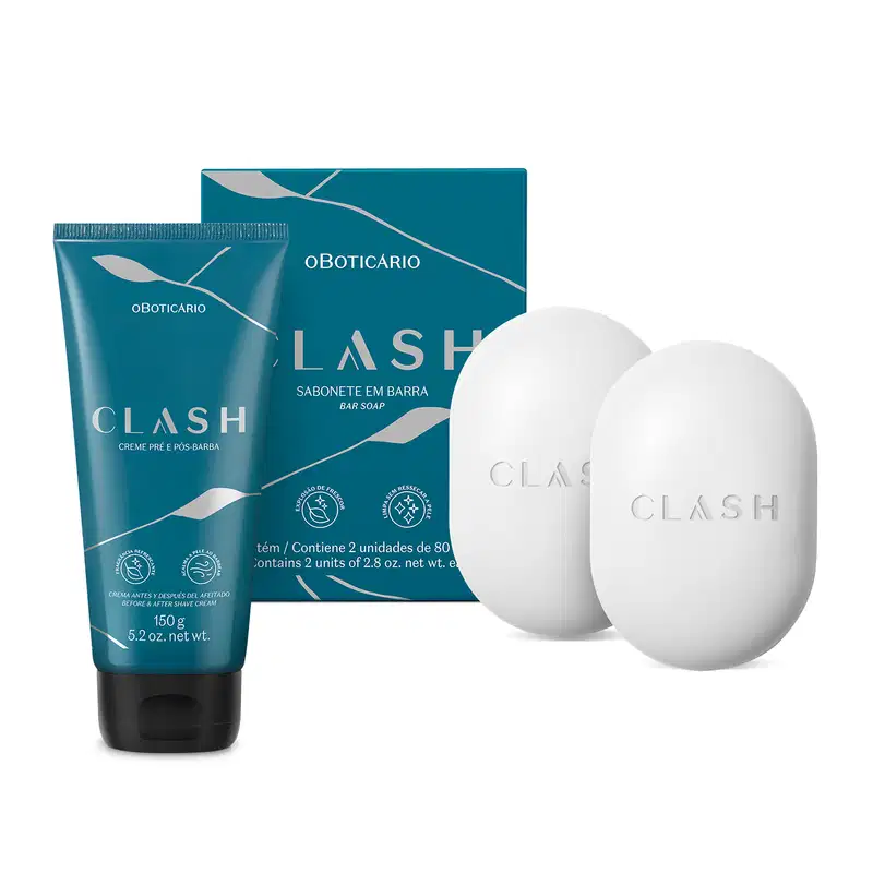 Combo de produtos de perfumaria da marca Clash, incluindo bisnaga azul escura de creme para barba e duas barras de sabonete ovais brancas e sua respectiva caixa, na cor azul escuro.