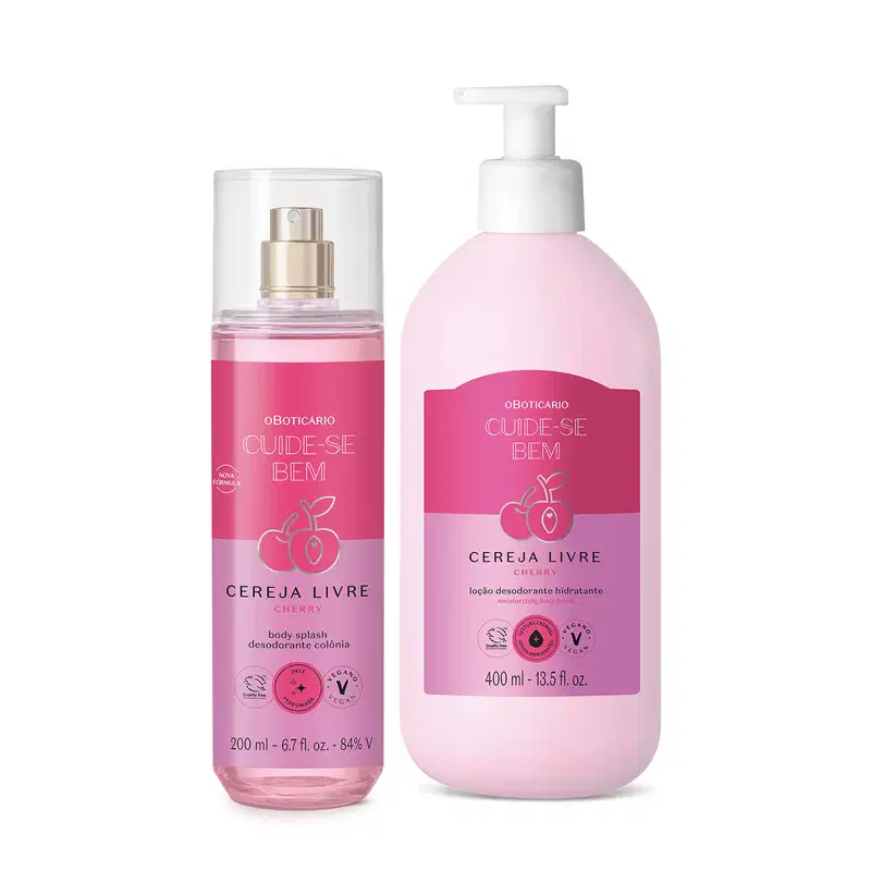 Dois itens da marca Cuide-se Bem Cereja Livre, sendo um frasco transparente com líquido rosa e pulverizador dourado de body splash e frasco branco com bomba dosadora de loção hidratante corporal, ambos com rótulo rosa e roxo com cereja ilustrada.