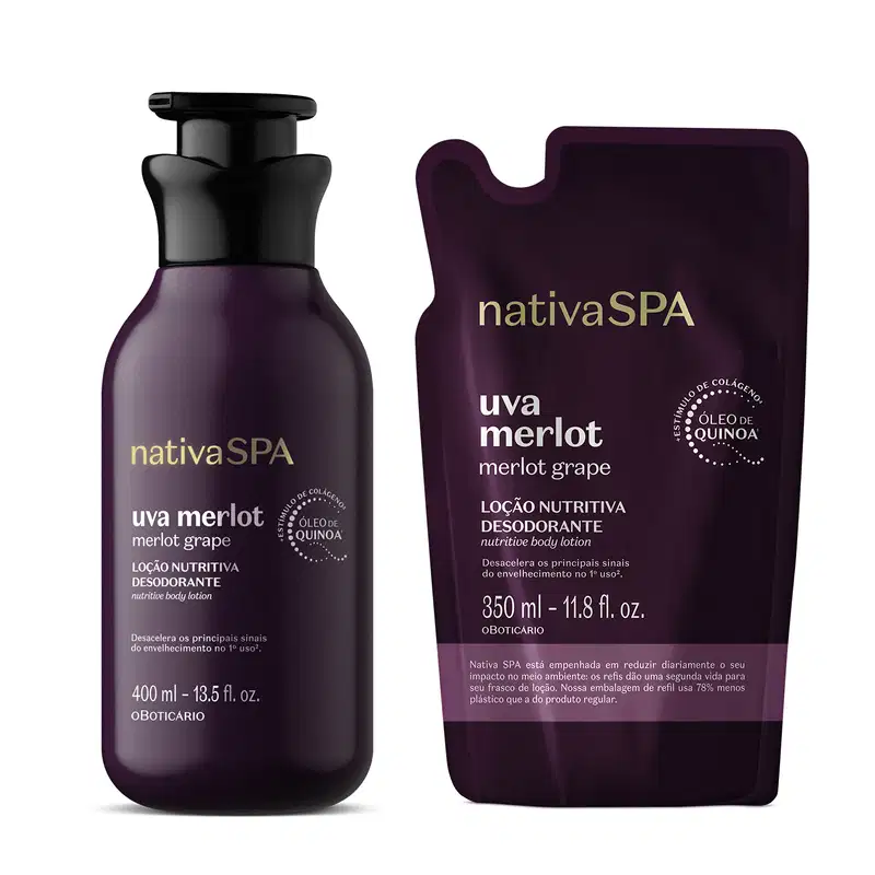 Embalagem de loção corporal Nativa SPA Uva Merlot em frasco roxo escuro com tampa dosadora preta e refil do mesmo produto em fundo roxo escuro com detalhes dourados e letras brancas de mesma marca.