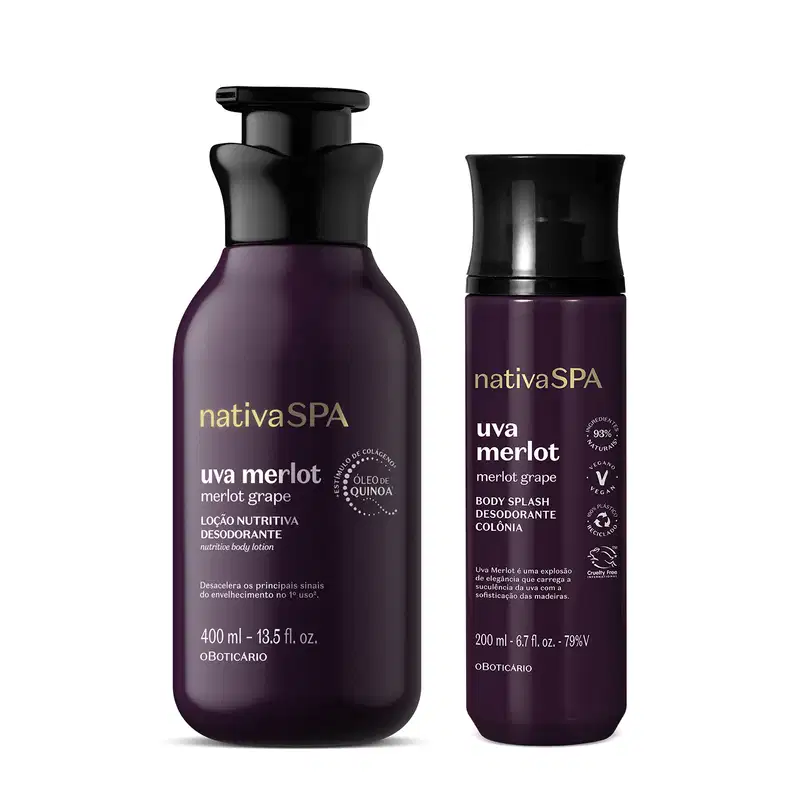Dois itens da marca Nativa SPA Uva Merlot em embalagens na cor roxa escura com letras douradas e brancas: frasco de 400ml com bomba dosadora de loção hidratante corporal e frasco com válvula spray de 200ml de body splash.