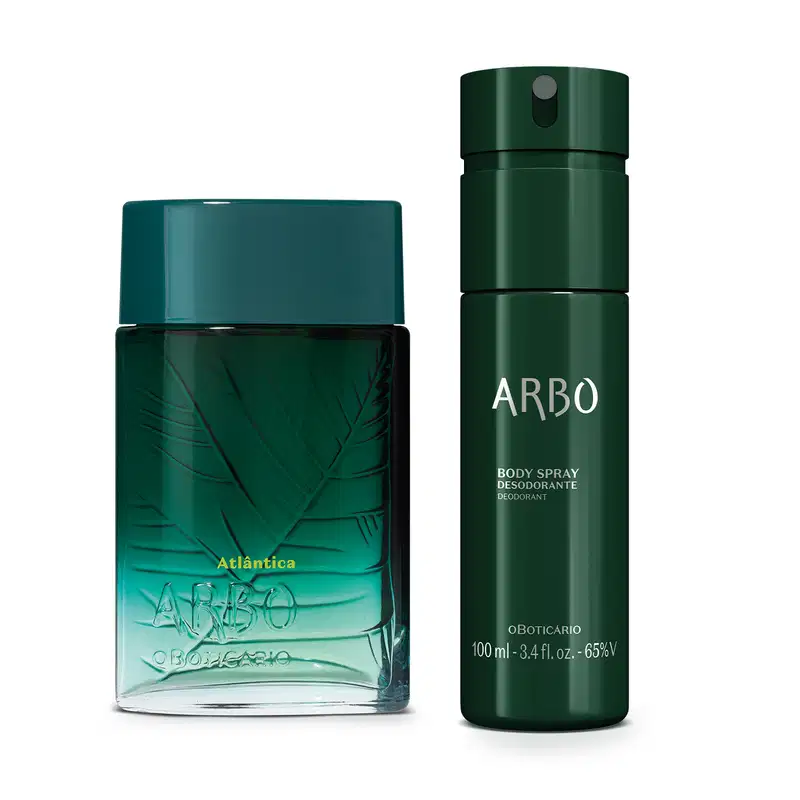 Dois itens da marca Arbo: frasco de vidro com degradê de verde para transparente de desodorante colônia da linha Atlântica e frasco de body spray verde com letras prateadas, ambos com design moderno e cores vibrantes.