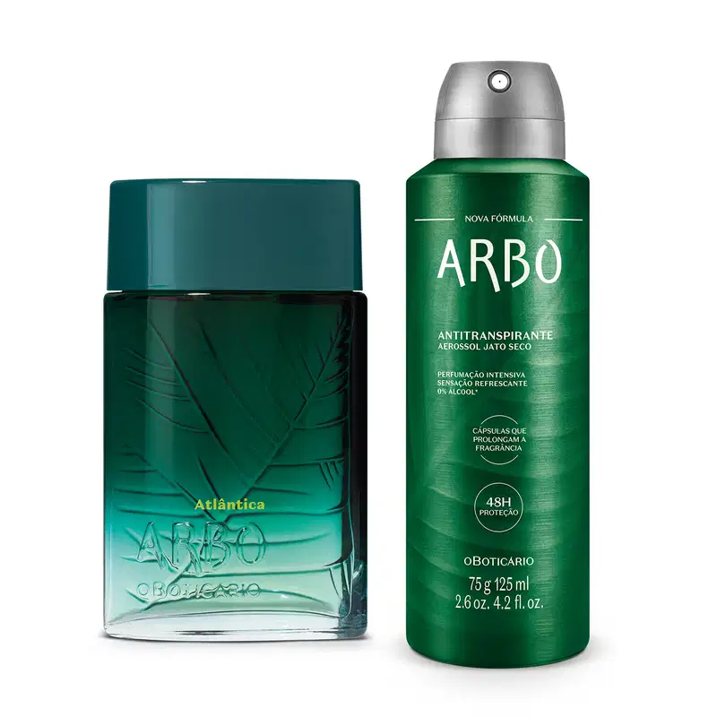 Dois itens da marca Arbo: frasco de vidro com degradê de verde para transparente de desodorante colônia da linha Atlântica e lata de antitranspirante aerossol jato seco verde, ambos com design moderno e cores vibrantes.