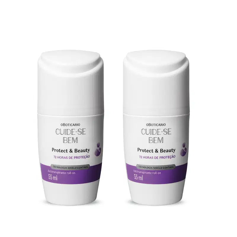 Dois frascos brancos com faixa roxa de 55ml cada contendo desodorante antitranspirante roll-on da marca Cuide-se Bem Protect and Care, com rótulo indicando proteção e beleza por 72 horas.