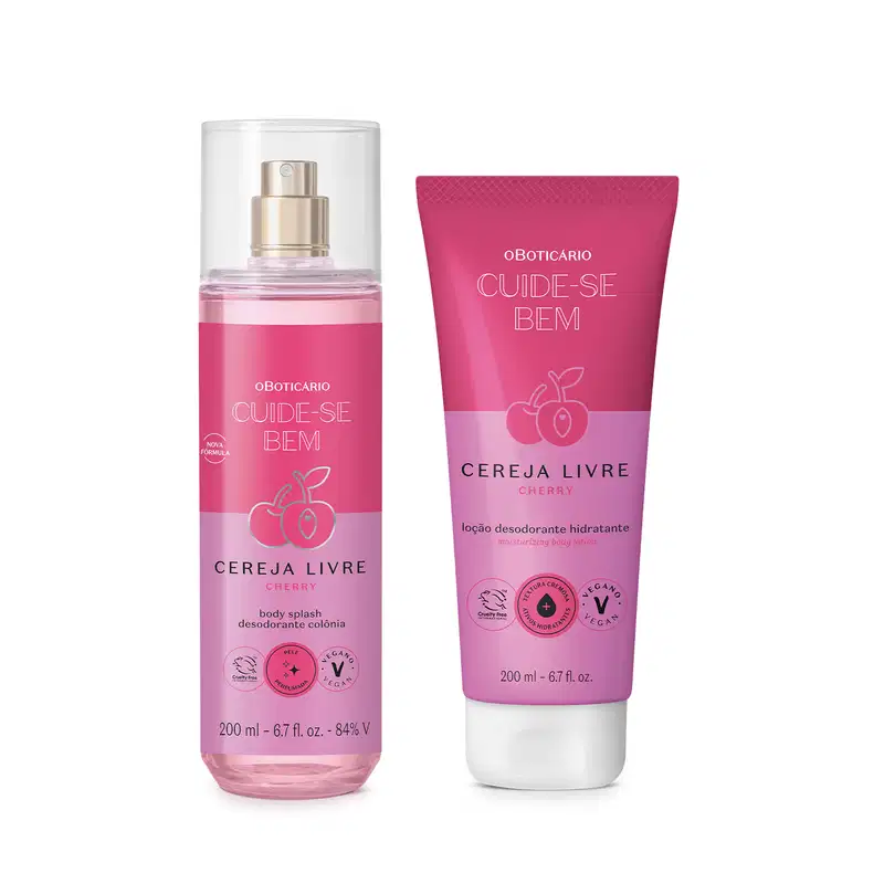 Dois itens de perfumaria da marca Cuide-se Bem Cereja Livre: um frasco de body splash na cor rosa e uma bisnaga de loção desodorante hidratante na mesma cor, ambos com rótulos em tons de rosa com cereja ilustrada.