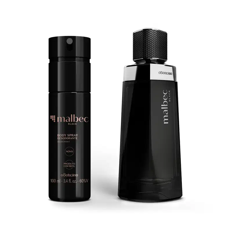 Dois frascos pretos de item da marca Malbec Black, sendo um com rótulo dourado contendo 100ml de body spray e outro com design elegante e moderno, detalhe prateado e letras amarelas contendo 100ml de desodorante colônia.