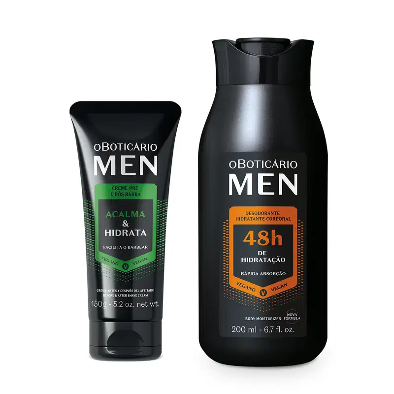 Dois produtos da da marca Men um creme pré e pós-barba em bisnaga de 150g com detalhes verdes e um desodorante corporal em frasco de 200ml com detalhes laranja. As duas embalagens são na cor preta com letras brancas.