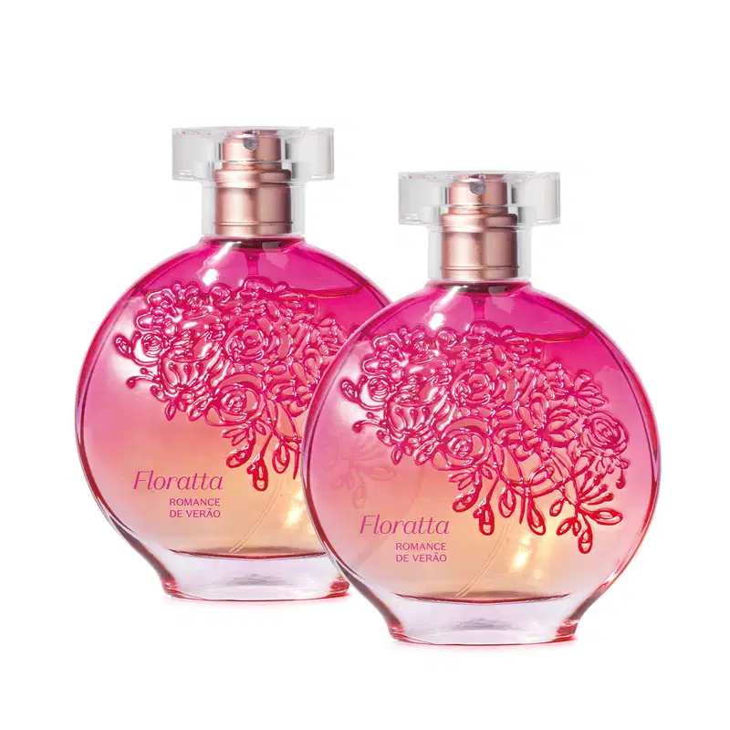 Dois frascos de desodorante colônia da marca Floratta Romance de Verão, com embalagem em formato redondo, predominância de cor rosa vibrante e detalhes florais em relevo com borrifador dourado e tampa transparente. Cada recipiente traz 75ml do produto.