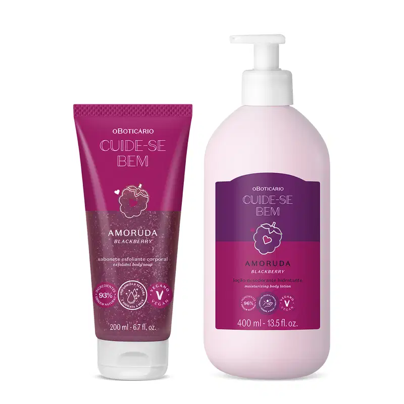 Dois itens da marca Cuide-se bem Amoruda: um sabonete esfoliante corporal em bisnaga roxa, e uma loção hidratante corporal em frasco branco com bomba dosadora e rótulo roxo, ambos com amoras ilustradas.