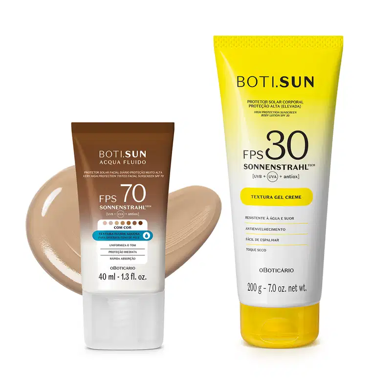 Dois produtos de proteção solar da marca Boti Sun: um frasco de protetor solar facial FPS 70 Cor 03 em bisnaga marrom e branca e uma frasco protetor solar corporal FPS 30 em bisnaga amarela e branca com tampa amarela.
