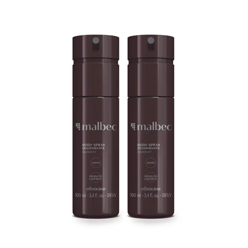 Dois frascos de 100ml de body spray da marca Malbec, com embalagem cilíndrica de cor vinho, rótulo em letras cinza com logotipo e informações do produto.