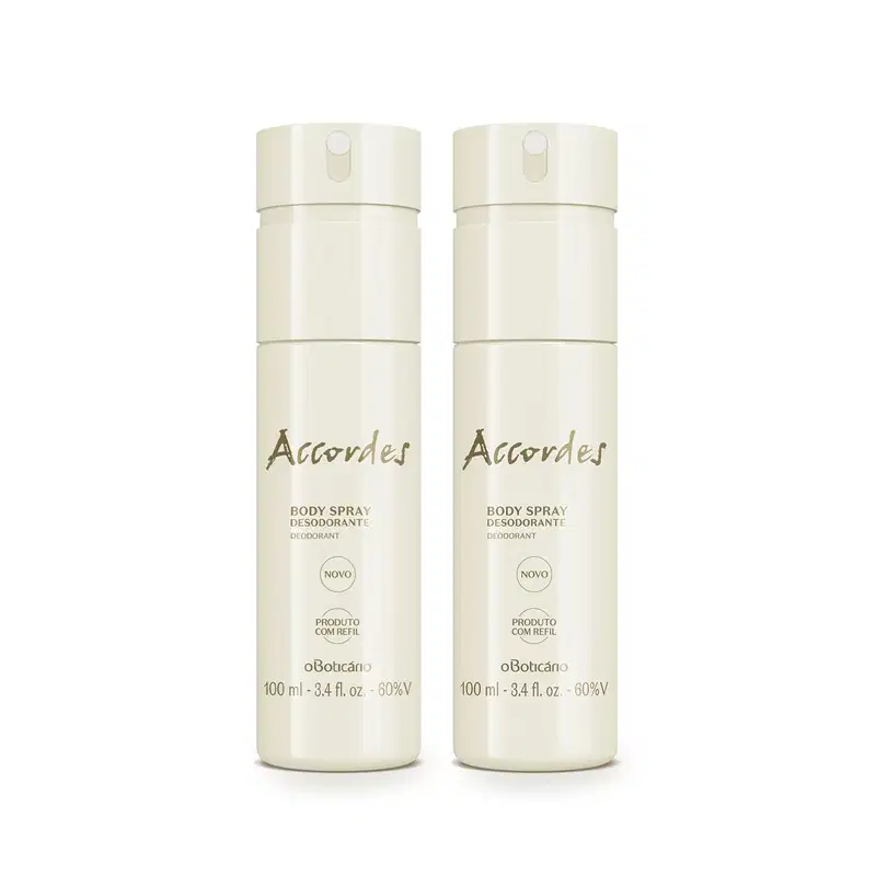 Dois frascos brancos de 100ml de body spray da marca Accordes, com rótulos em tom marrom.