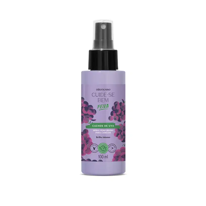 Imagem de um frasco de spray perfumado para cabelos da marca Cuide-se bem Feira Cachos de Uva, em embalagem roxa com cachos de uva ilustrados, tampa e válvula spray na cor preta e letras pretas. O recipiente traz 100ml de produto.