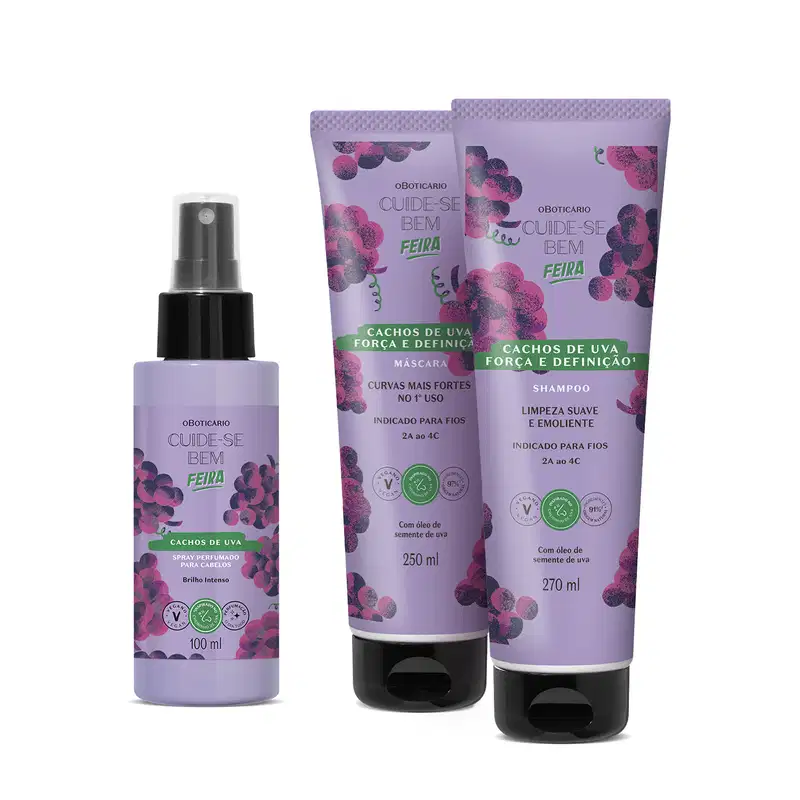 Imagem de produtos para cabelos da marca Cuide-se bem Feira Cachos de Uva, incluindo spray perfumado, shampoo e máscara, com embalagens em tons de roxo destacando cachos de uva e informações sobre uso para fios.