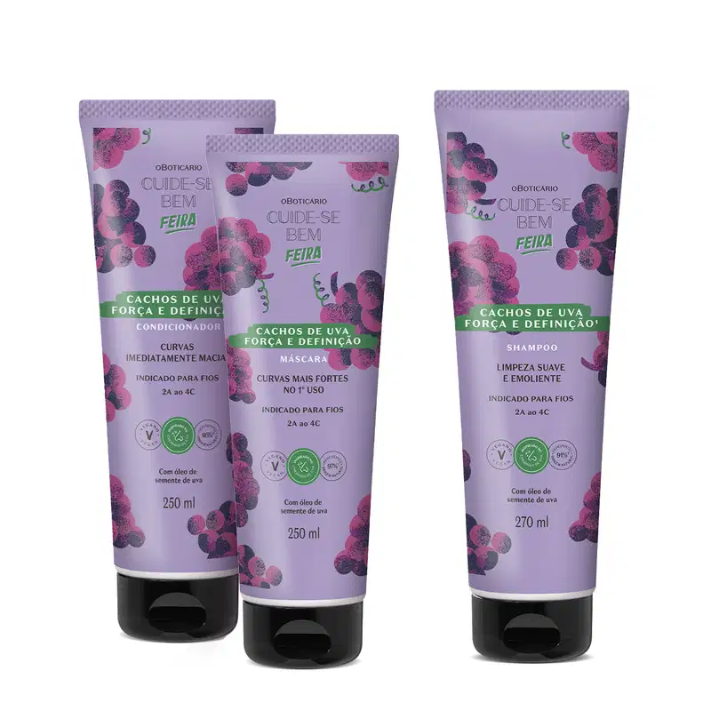Imagem de três produtos de cabelo da marca Cuide-se bem Feira Cachos de Uva em embalagens com predominância de tons de roxo e com cachos de uvas roxas ilustrados.
