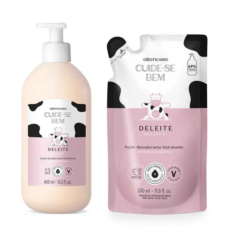 Imagem de duas embalagens de loção hidratante corporal Cuide-se Bem Deleite, sendo um frasco branco e um refil em sachê. Ambos trazem as cores branca e rosa com manchas pretas e ilustração de vaca.