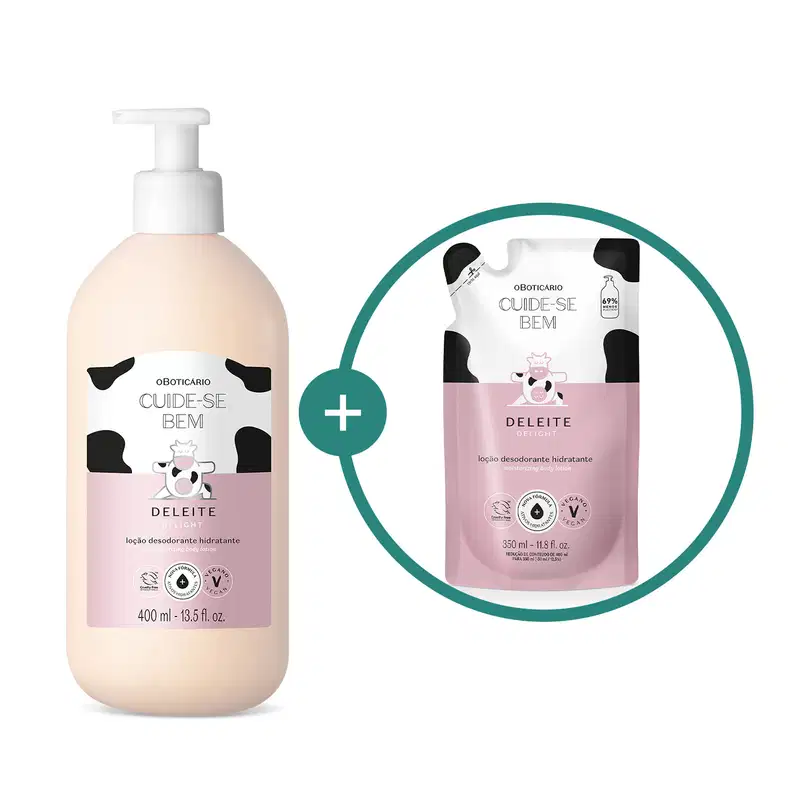Imagem de duas embalagens de loção hidratante corporal Cuide-se Bem Deleite, sendo um frasco branco e um refil em sachê. Ambos trazem as cores branca e rosa com manchas pretas e ilustração de vaca.