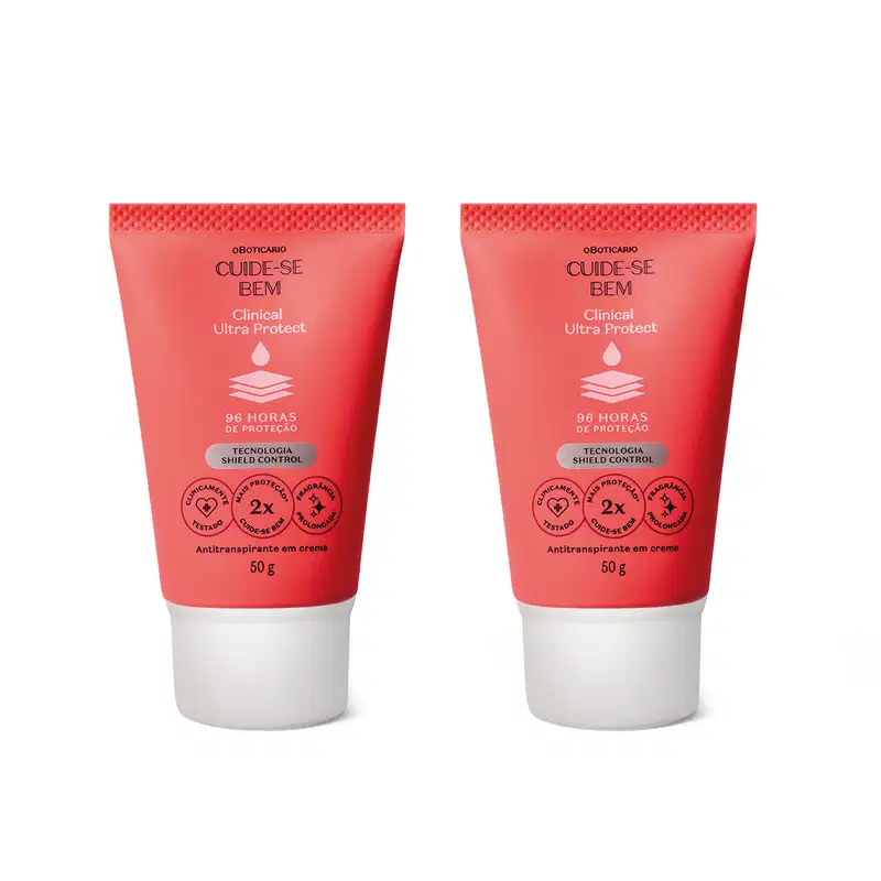 Imagem de dois tubos de antitranspirante em creme da marca Cuide-se Bem Clinical Ultra Protect, em embalagem vermelha com letras brancas e pretas, contendo informações sobre proteção de 96 horas. Cada embalagem contém 0g de produto.
