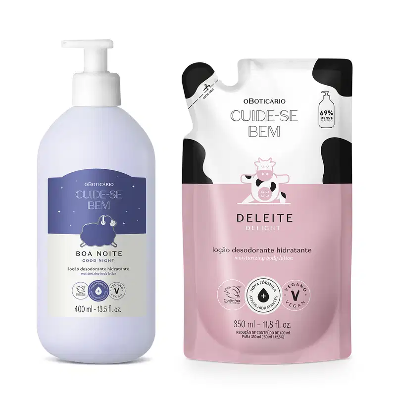 Imagem de duas embalagens contendo loção hidratante corporal Cuide-se Bem, sendo uma branca com rótulo azul e ovelha ilustrada da linha Boa Noite e um sachê rosa e branco da linha Deleite.