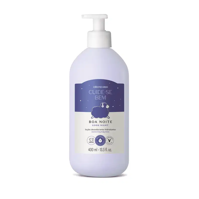 Imagem de um frasco branco com rótulo azul e branco e ovelha ilustrada contendo 400 ml de loção hidratante corpora da marca Cuide-se Bem Boa Noite.