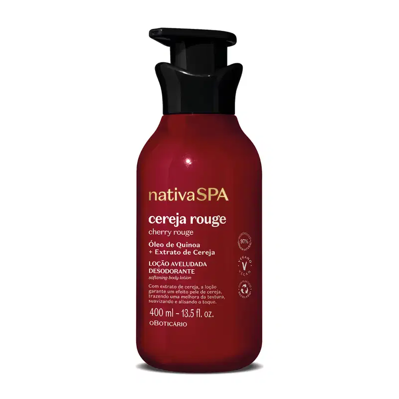 Imagem de um frasco vermelho com tampa preta e letras douradas e brancas contendo 400ml de loção hidratante corporal da marca Nativa SPA Cereja Rouge. 