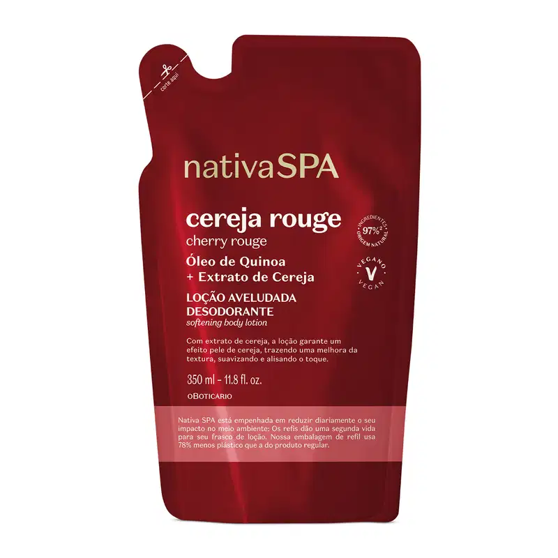Imagem de um refil em sachê vermelho-escuro, detalhe rosa e letras douradas e brancas contendo 350ml de loção hidratante corporal Nativa SPA Cereja Rouge.