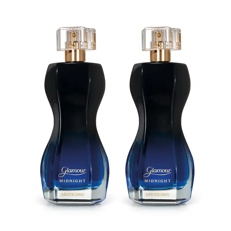Imagem de dois frascos de item de perfumaria da marca Glamour Midnight, com embalagem em degradê de preto para azul escuro, rótulo com letras douradas, borrifador dourado e tampa transparente. O recipiente conta com 75ml da fragrância.