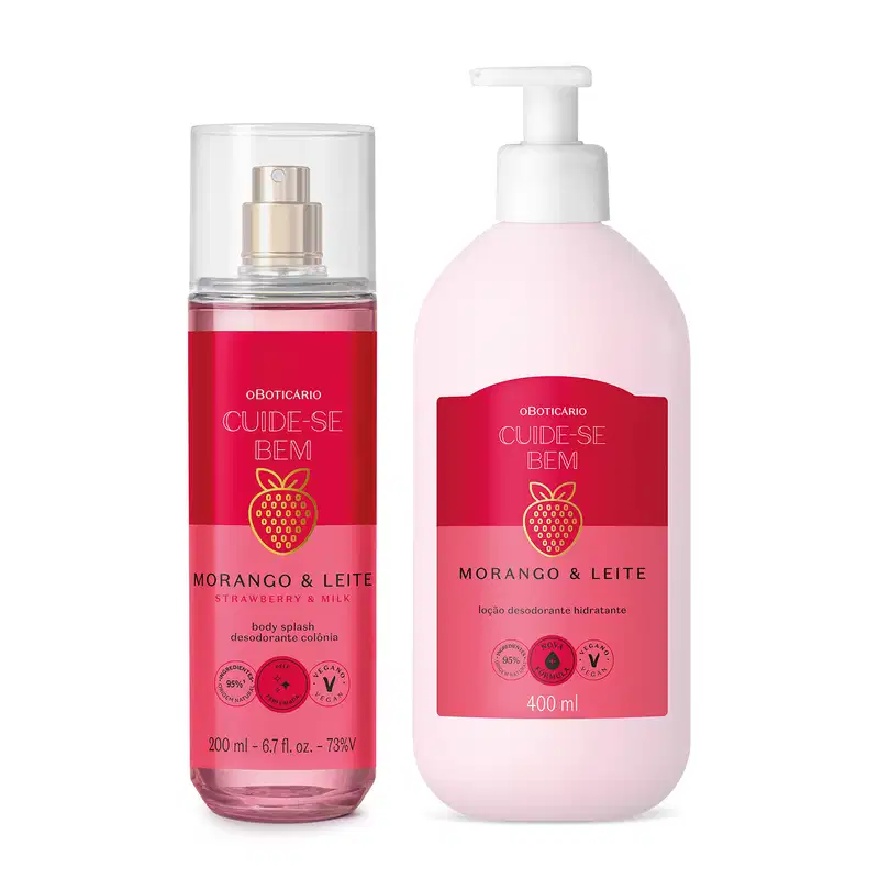 Imagem de dois frascos de produtos da marca Cuide-se Bem Morango e Leite, body splash com pulverizador e loção corporal com bomba, ambos em tons de rosa e vermelho, com rótulos exibindo a marca e os ingredientes morango e leite.