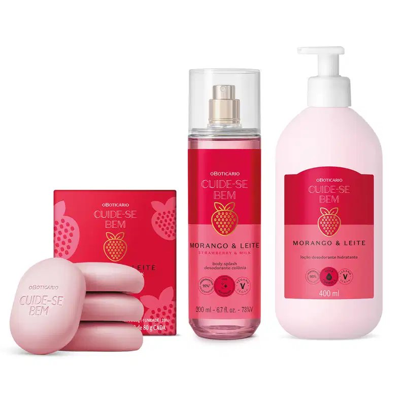 Imagem de um kit de produtos da marca Cuide-se Bem Morango e Leite, incluindo sabonete, desodorante e body splash corporal com fragrância de morango e leite, em embalagens rosa e vermelha e com ilustrações de morangos.