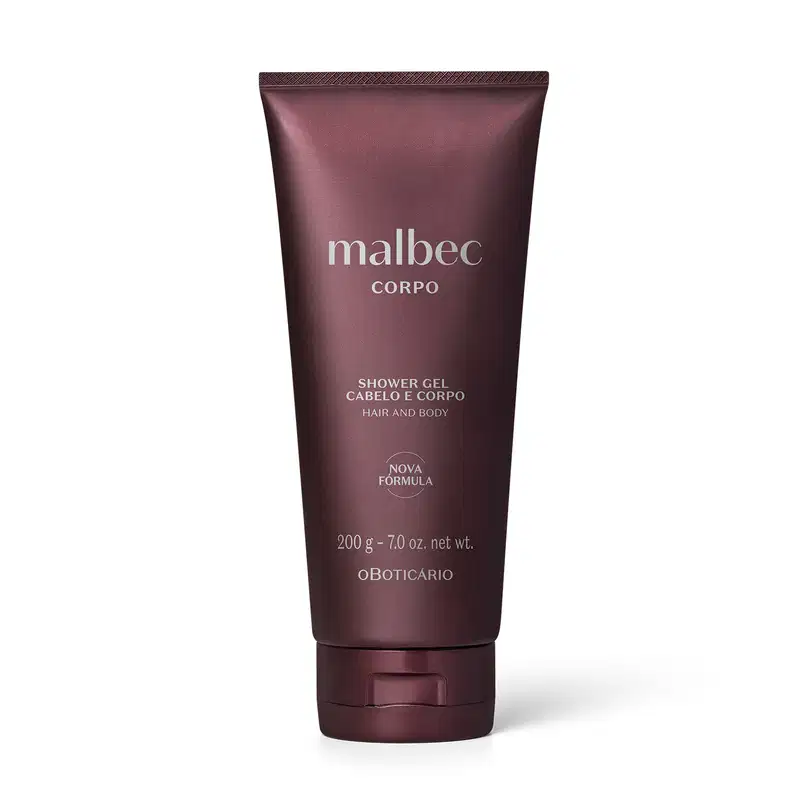 Imagem de uma bisnaga de gel de banho e cabelo da marca Malbec Corpo, com embalagem de cor vinho e texto branco destacado. A embalagem traz 200 g de produto.