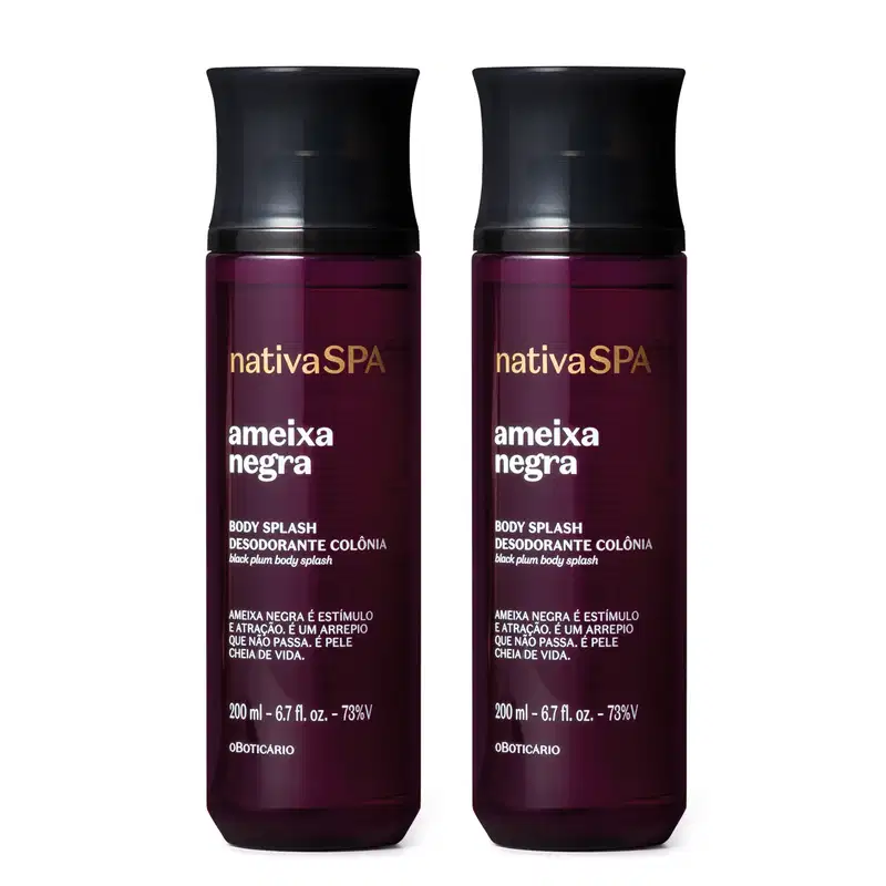 Imagem de dois frascos de body splash da marca Nativa SPA Ameixa Negra, com embalagem em formato cilíndrico, na cor vinho, com rótulo em letras brancas e douradas exibindo o nome da marca e informações sobre o produto.