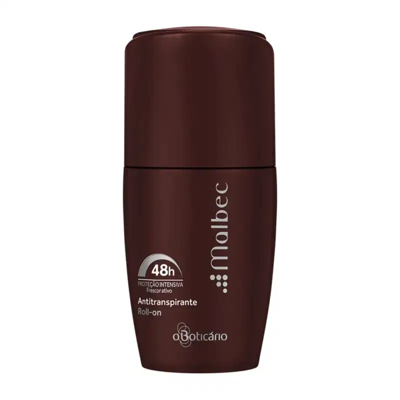 Imagem de um frasco de desodorante antitranspirante roll-on da marca Malbec, com embalagem na cor vinho e texto branco destacado.