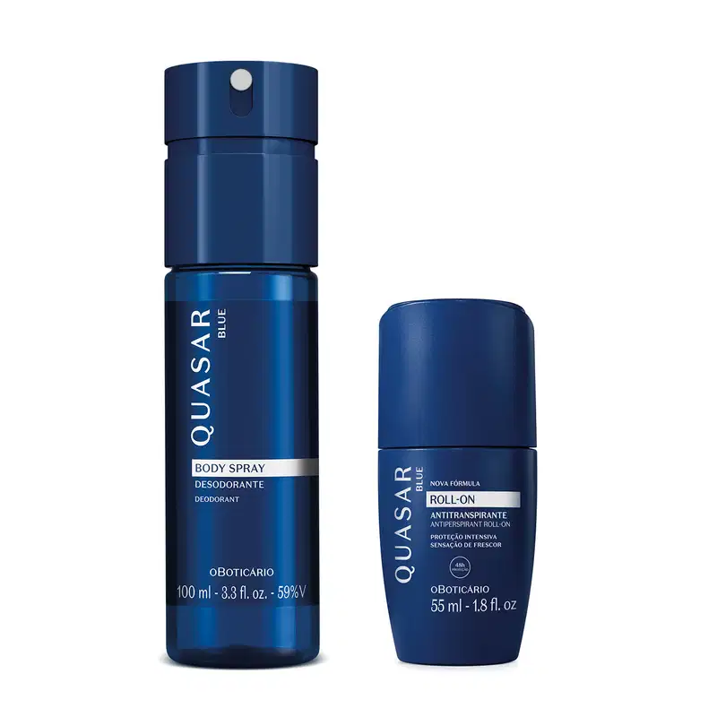 Dois produtos de beleza da marca Quasar: um desodorante em spray corporal azul de 100 ml e um desodorante roll-on antitranspirante azul de 55 ml, ambos com embalagens de design moderno e minimalista.