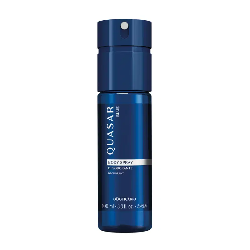 Frasco de desodorante em spray da marca Quasar, na cor azul escuro, com rótulo destacando o nome da marca e a descrição "Body Spray". O produto possui um design cilíndrico e compacto, com um acionador na parte superior.