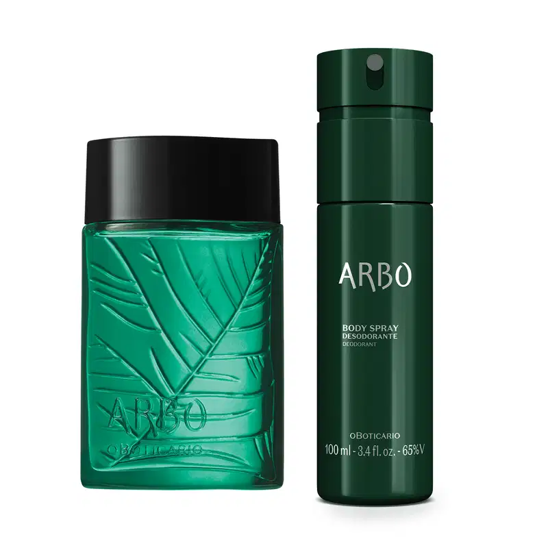Imagem de um vidro com líquido verde e tampa preta de desodorante colônia Arbo e frasco verde com letras amarelas de body spray da mesma marca.
