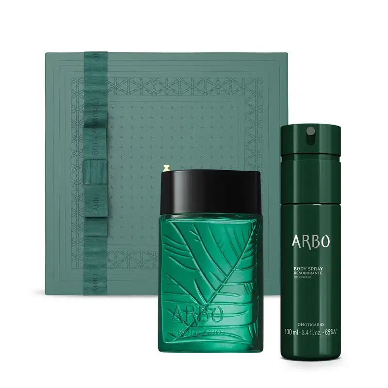Imagem de um vidro com líquido verde e folhas em relevo de desodorante colônia Arbo, frasco verde com letras amarelas de body spray Arbo e caixa verde com detalhe dourado.
