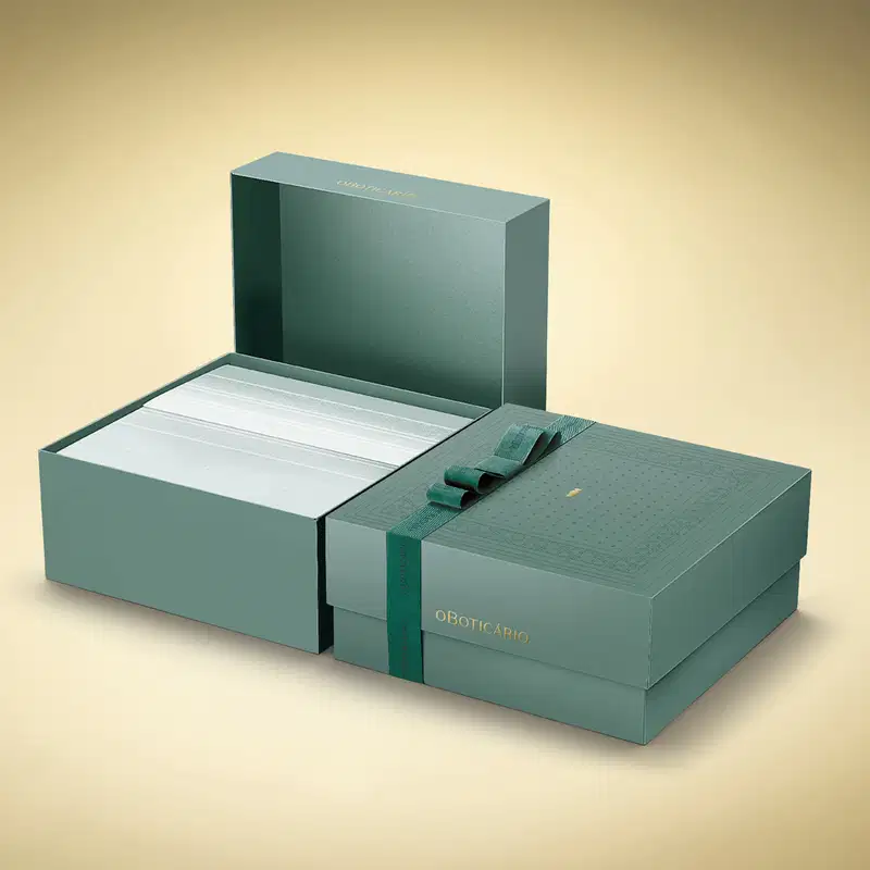 Imagem de caixa de presente verde-escura com detalhes em dourado, aberta e exibindo papéis brancos em seu interior.