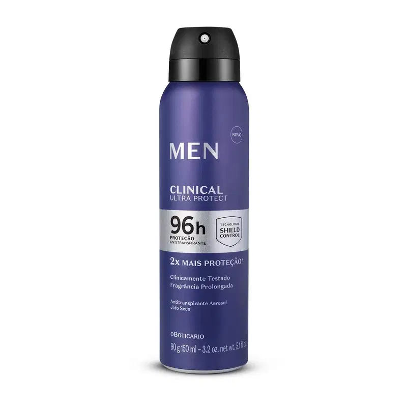 Imagem de um frasco de desodorante aerossol preto e azul da linha de produtos masculinos Men Clinical Ultra Protect com informações sobre proteção de 96h e tecnologia Shield Control.