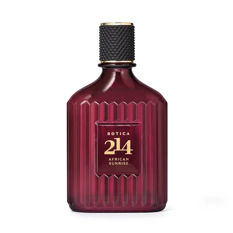 Imagem de vidro de Eau de Parfum da marca Botica 214, com design geométrico em tom vermelho escuro e tampa preta , exibindo o texto em dourado, contendo 100 ml de produto.