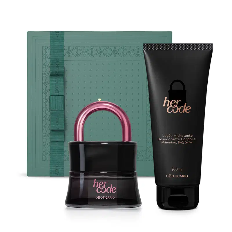 Imagem de um vidro preto em formato de cadeado de Eau de Parfum Her Code Touch, uma bisnaga preta de loção hidratante corporal da mesma marca e uma caixa de presente verde escura com detalhe dourado.