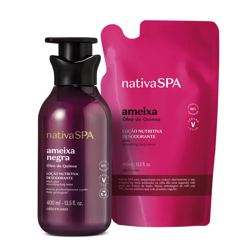 Imagem de duas embalagens contendo loção hidratante corporal Nativa SPA: um frasco vinho com tampa preta da linha Ameixa Negra e um refil em sachê rosa vibrante d linha Ameixa.
