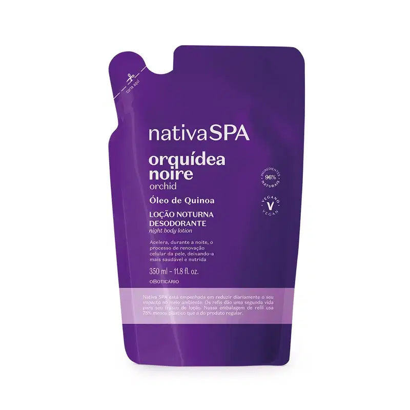 Imagem de um refil em sachê roxo com detalhe lilás e letras douradas e brancas contendo 350ml de loção hidratante desodorante corporal Nativa SPA Orquídea Noire.